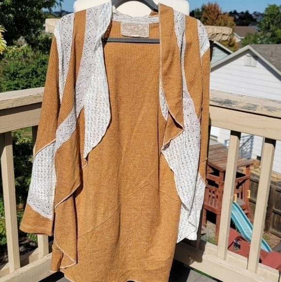 NICK & MO GOLDEN MUSTARD YELLOW RIBBED CARDIGAN W LACE & CROCHET LACE, sz M/L - Picture 3 of 16